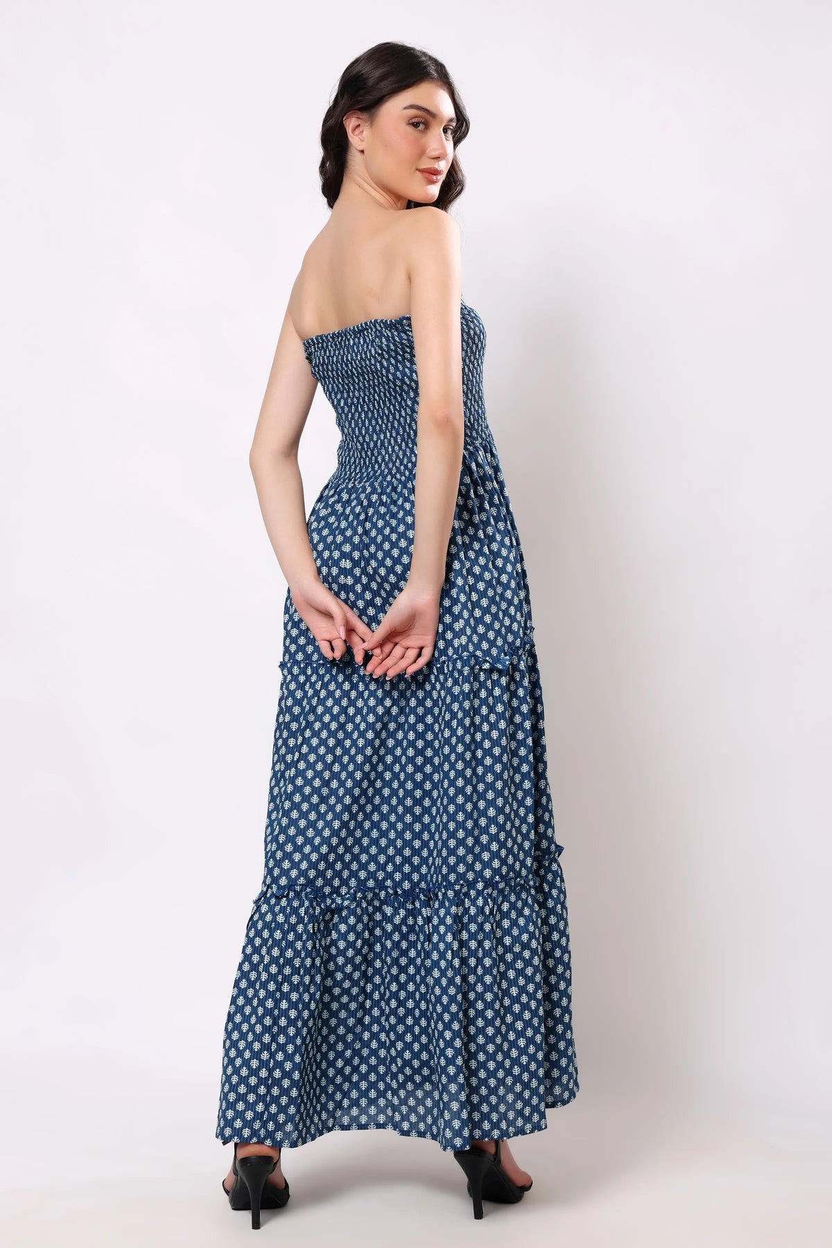 Sajag Indigo Dot Cotton Tiered Maxi Dress
