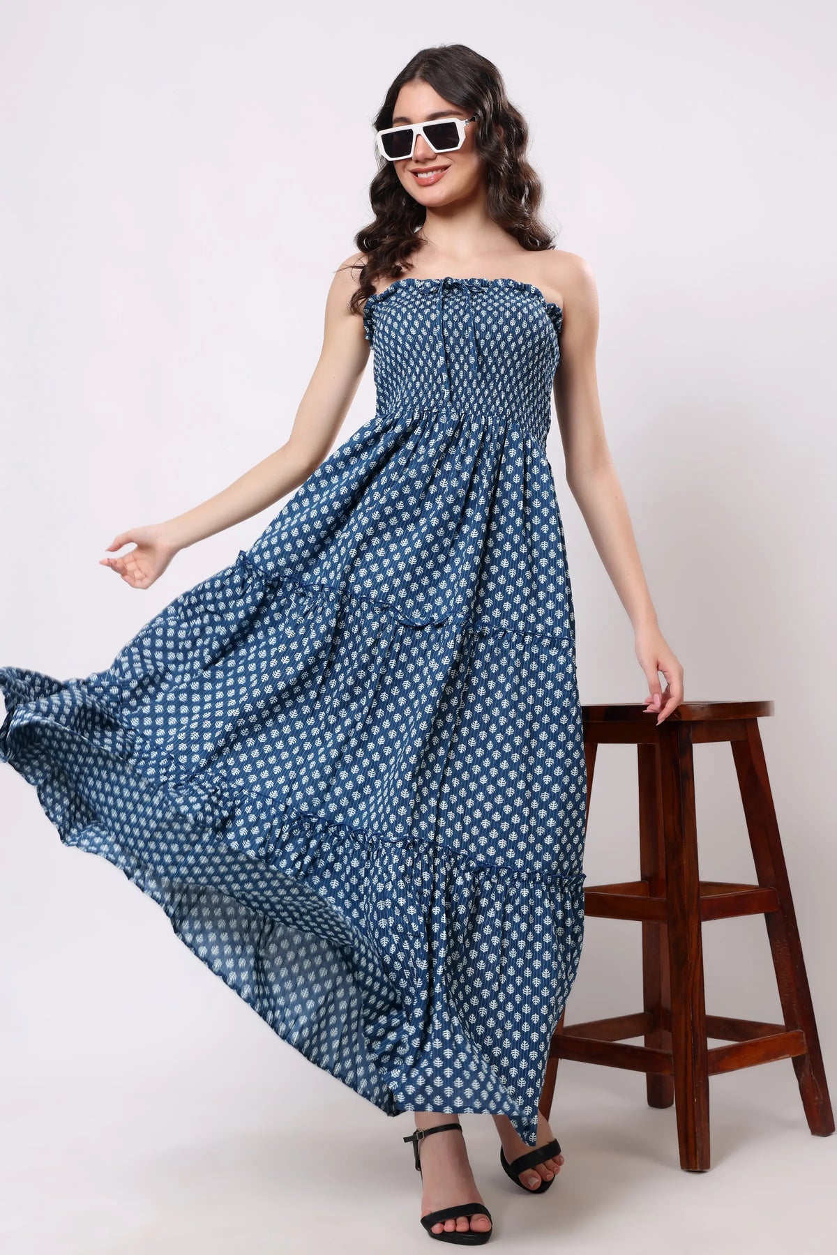 Sajag Indigo Dot Cotton Tiered Maxi Dress