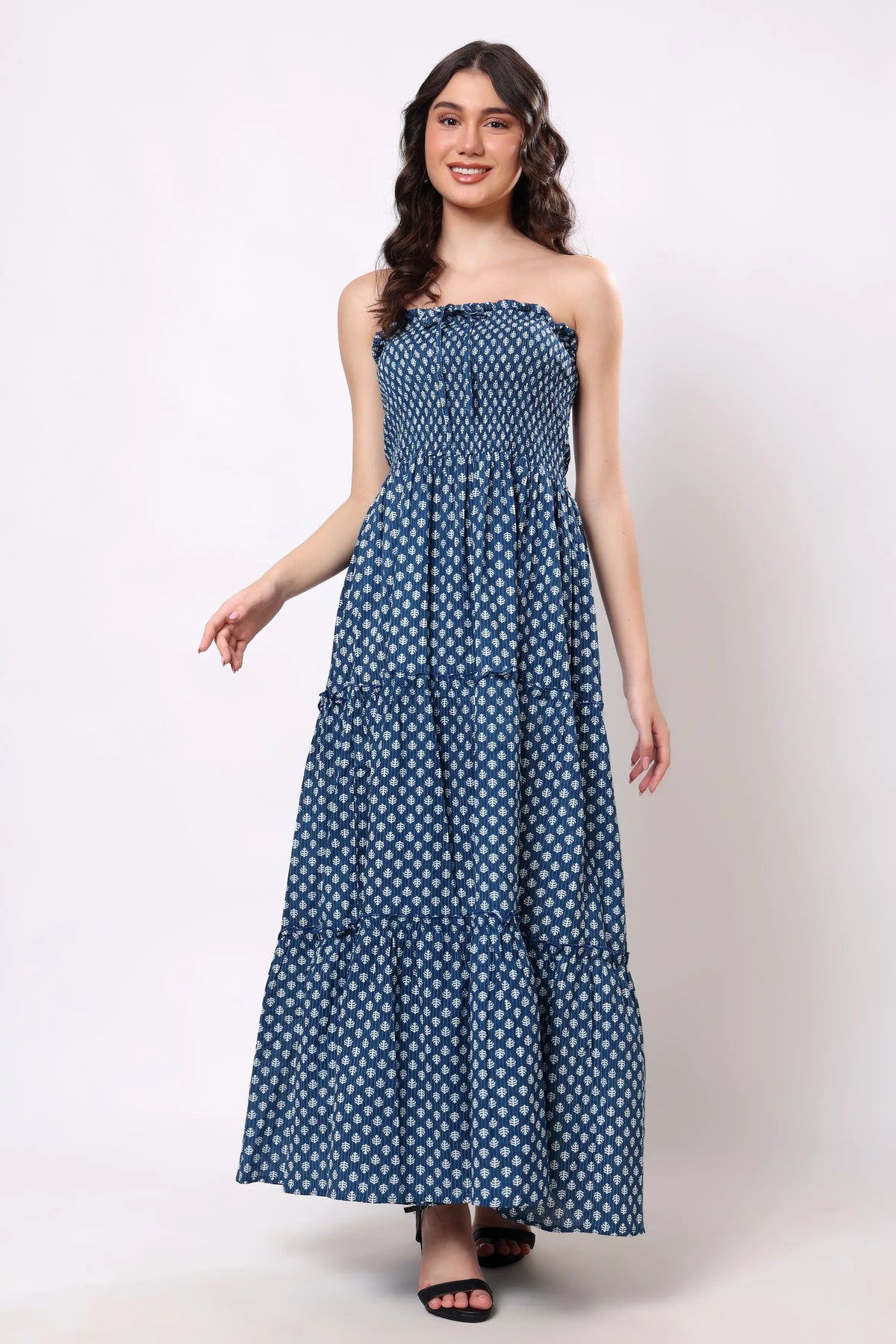 Sajag Indigo Dot Cotton Tiered Maxi Dress