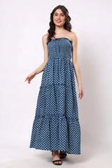 Sajag Indigo Dot Cotton Tiered Maxi Dress