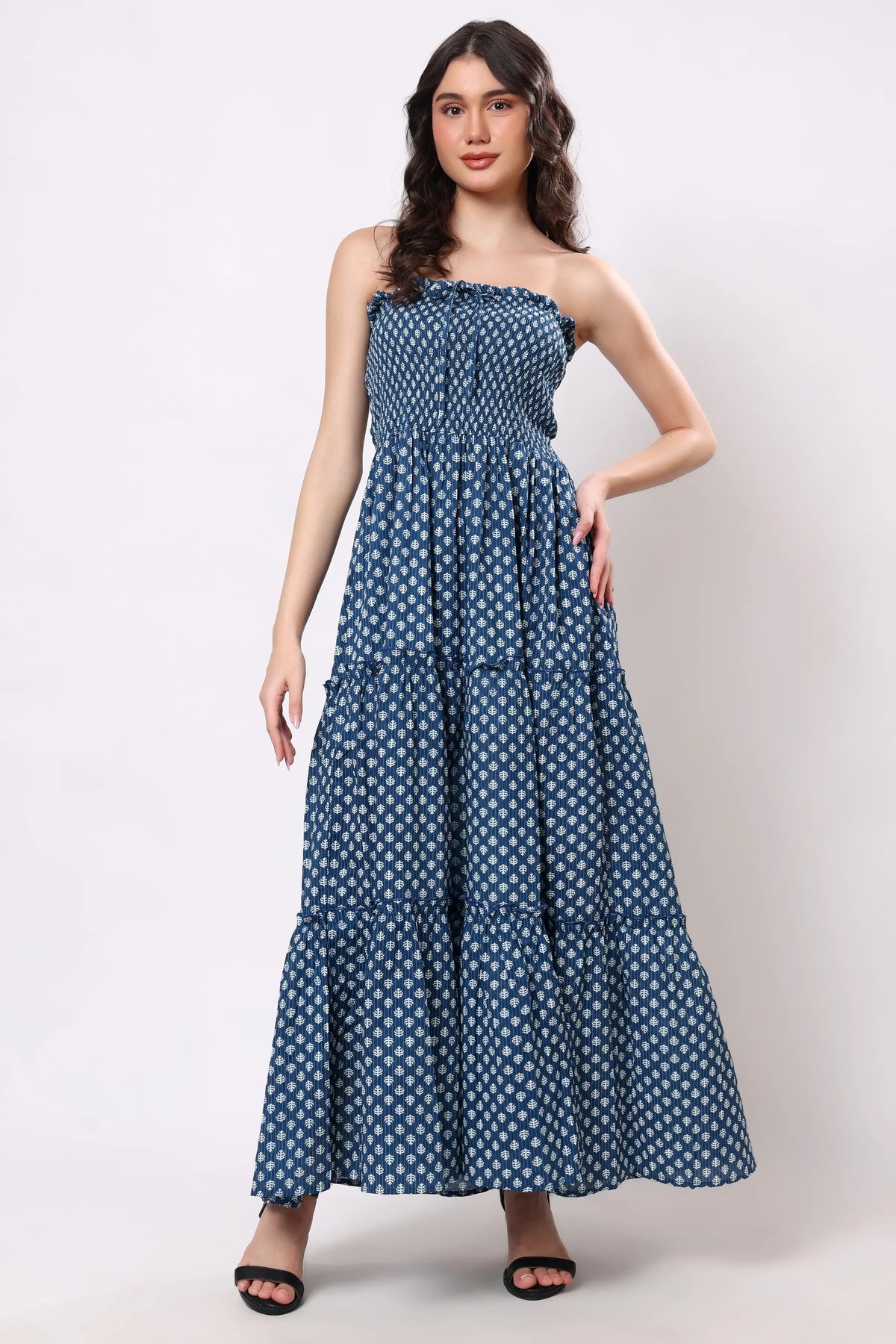 Sajag Indigo Dot Cotton Tiered Maxi Dress