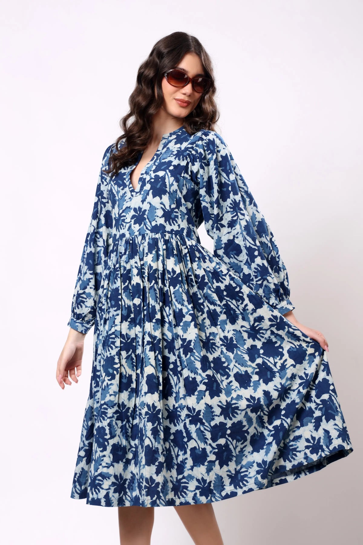 Sajag Ivory Botanical Print Gathered-Waist Maxi Dress