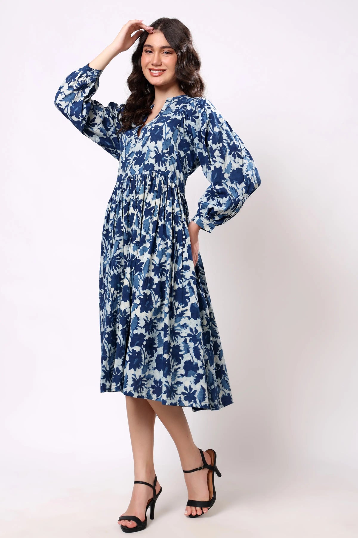 Sajag Ivory Botanical Print Gathered-Waist Maxi Dress