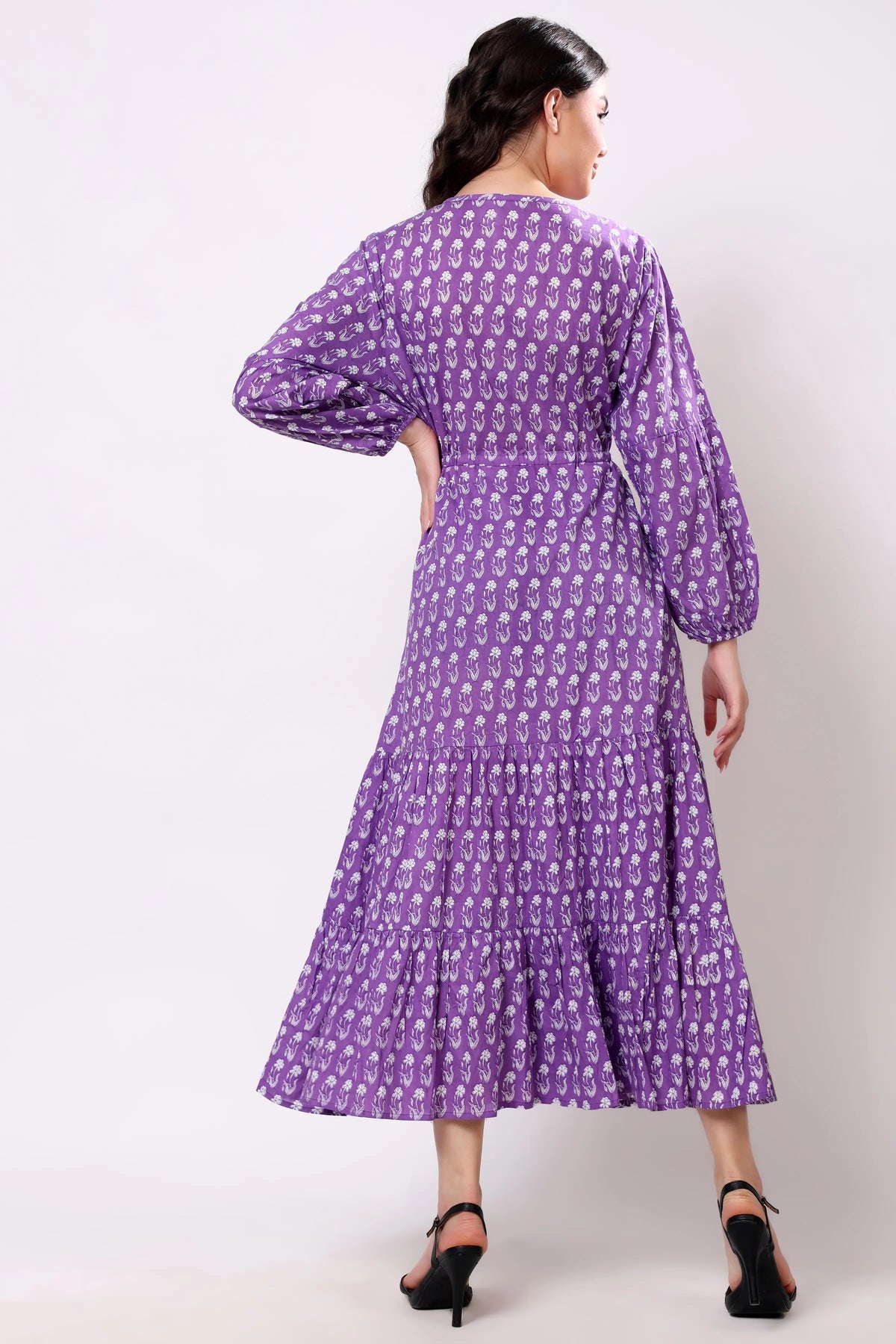 Sajag Lavender Ditsy Cotton V-Neck Tiered Maxi Dress