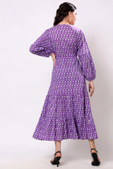 Sajag Lavender Ditsy Cotton V-Neck Tiered Maxi Dress