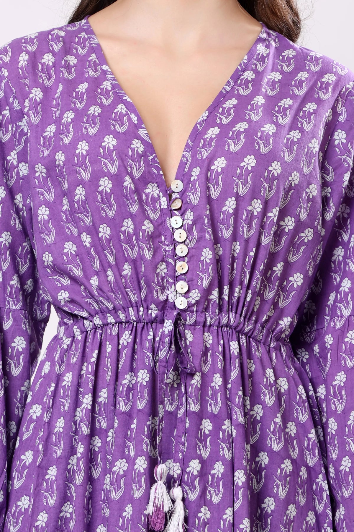 Sajag Lavender Ditsy Cotton V-Neck Tiered Maxi Dress