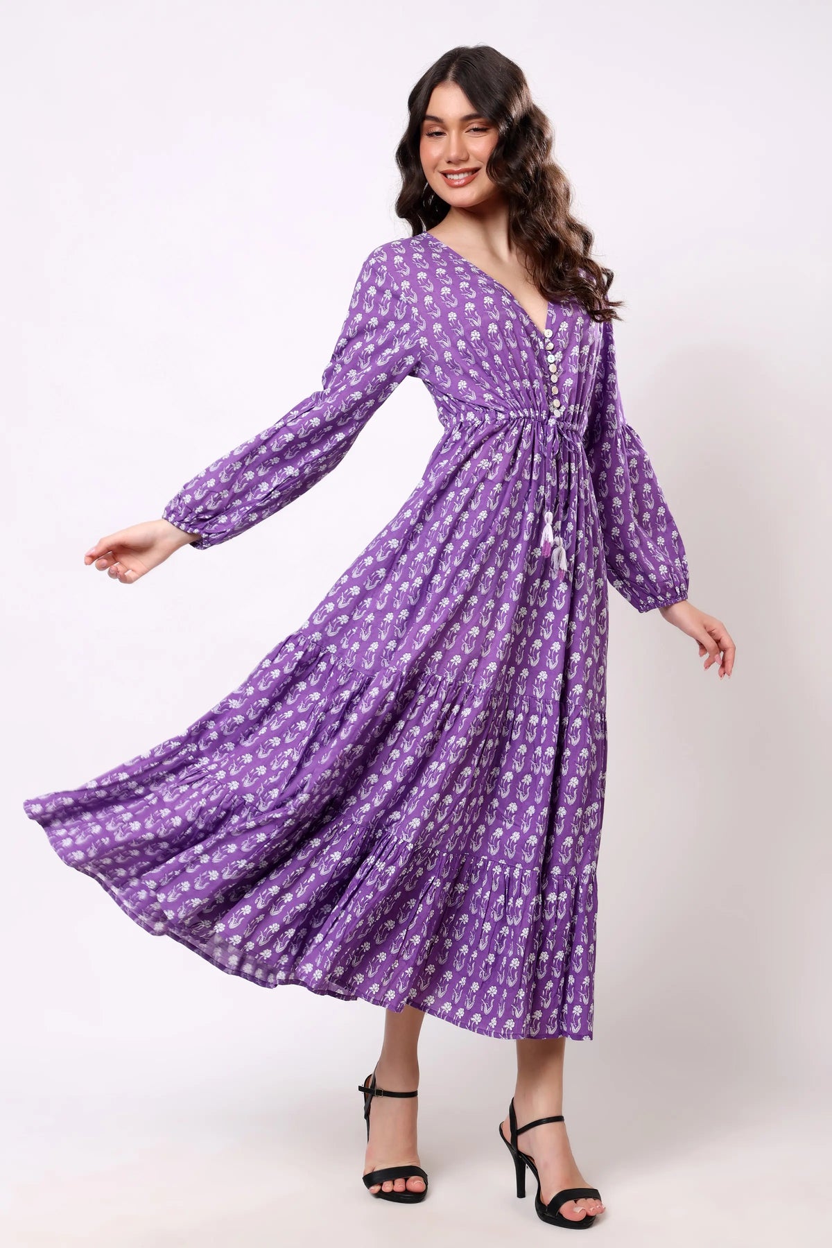 Sajag Lavender Ditsy Cotton V-Neck Tiered Maxi Dress