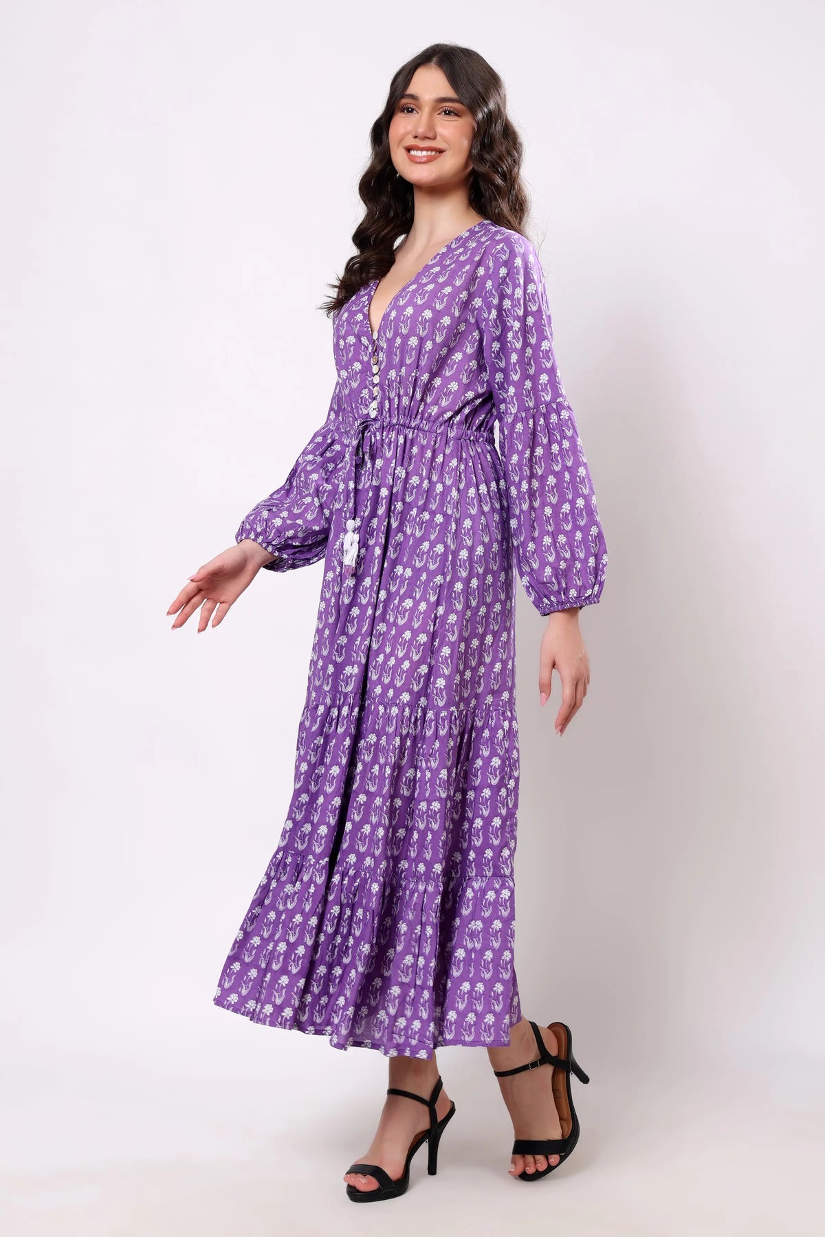 Sajag Lavender Ditsy Cotton V-Neck Tiered Maxi Dress