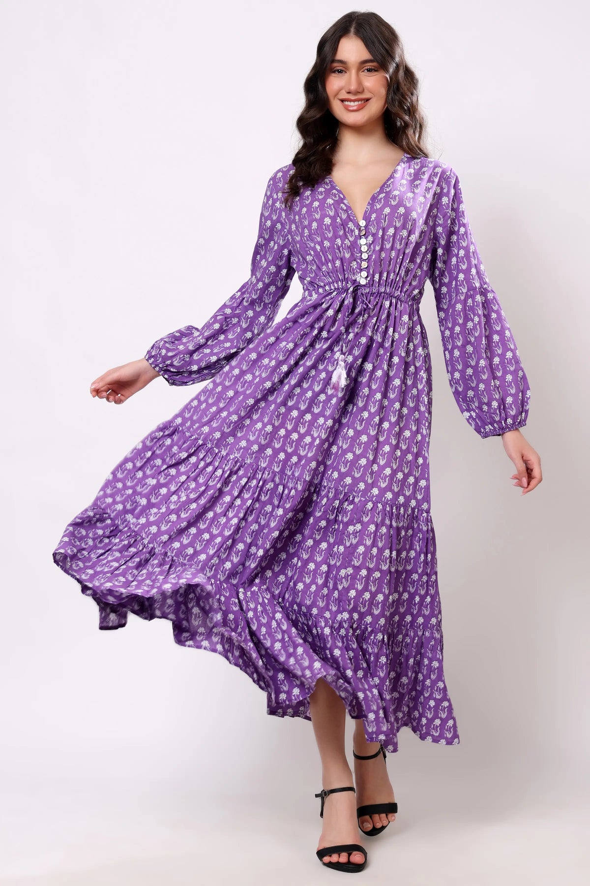 Sajag Lavender Ditsy Cotton V-Neck Tiered Maxi Dress