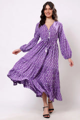 Sajag Lavender Ditsy Cotton V-Neck Tiered Maxi Dress