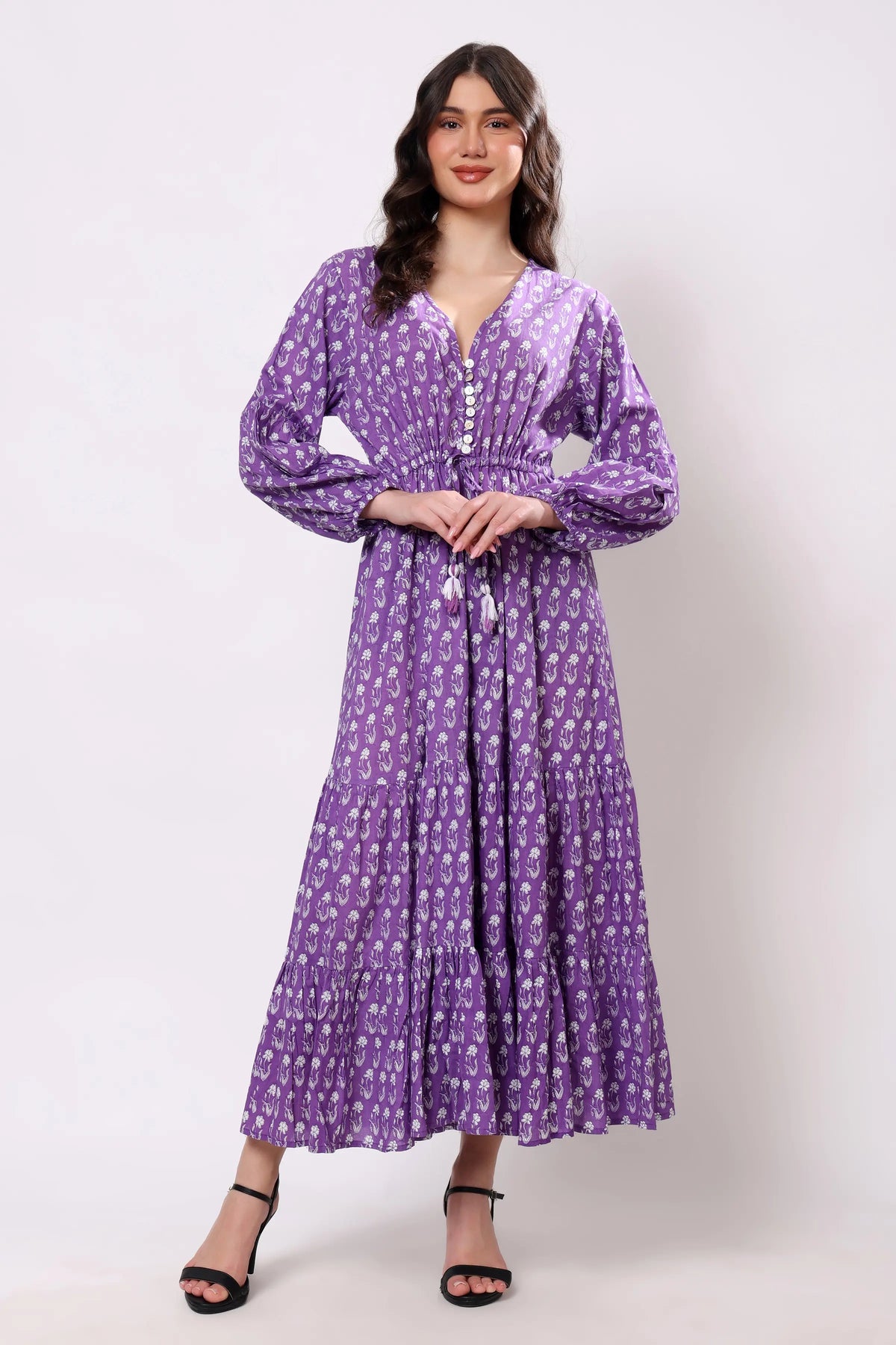 Sajag Lavender Ditsy Cotton V-Neck Tiered Maxi Dress