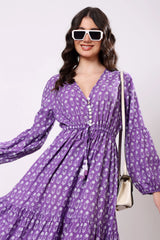 Sajag Lavender Ditsy Cotton V-Neck Tiered Maxi Dress