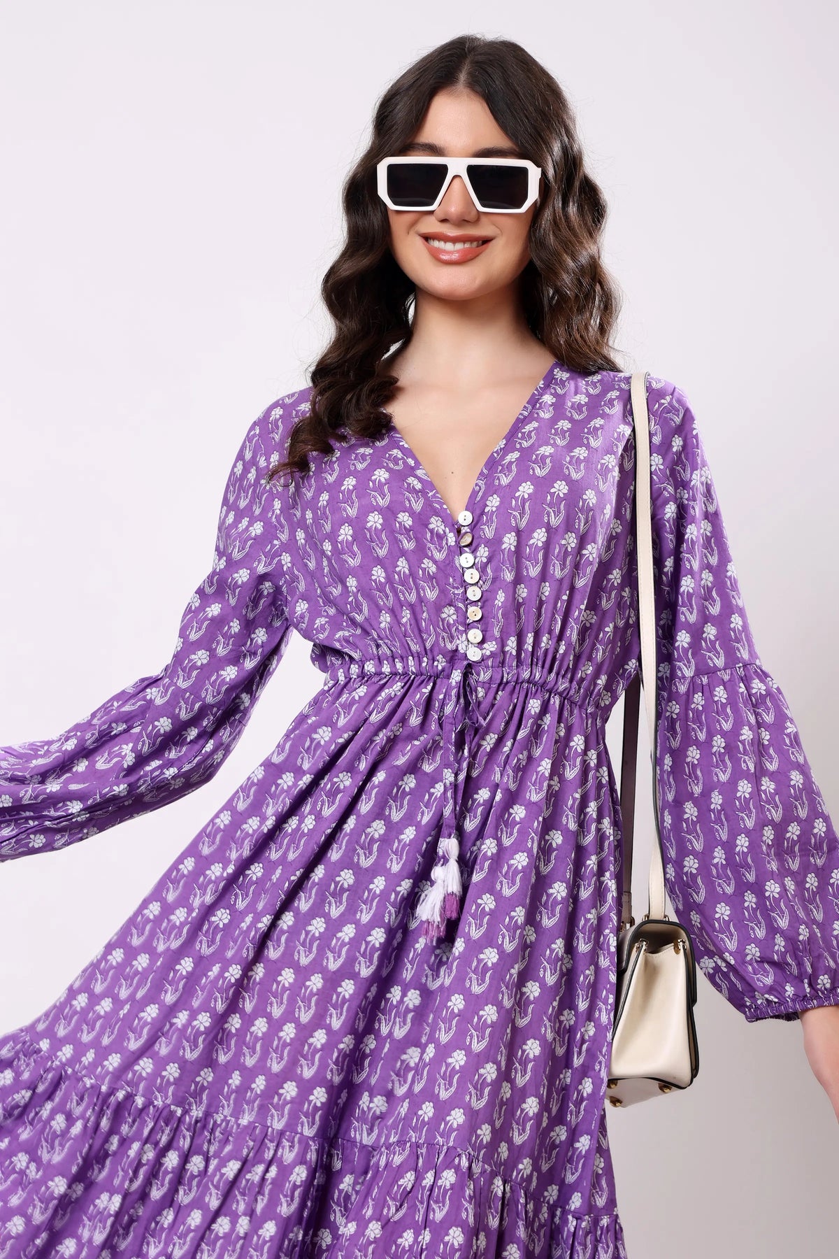 Sajag Lavender Ditsy Cotton V-Neck Tiered Maxi Dress