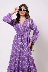 Sajag Lavender Ditsy Cotton V-Neck Tiered Maxi Dress