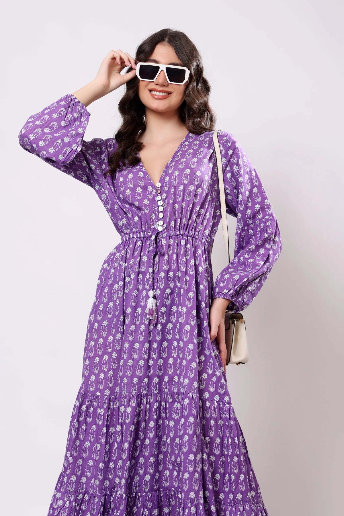 Sajag Lavender Ditsy Cotton V-Neck Tiered Maxi Dress
