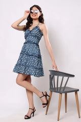 Sajag Neel Indigo Block-Print Ruffle Dress