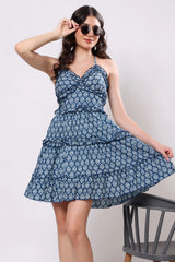 Sajag Neel Indigo Block-Print Ruffle Dress