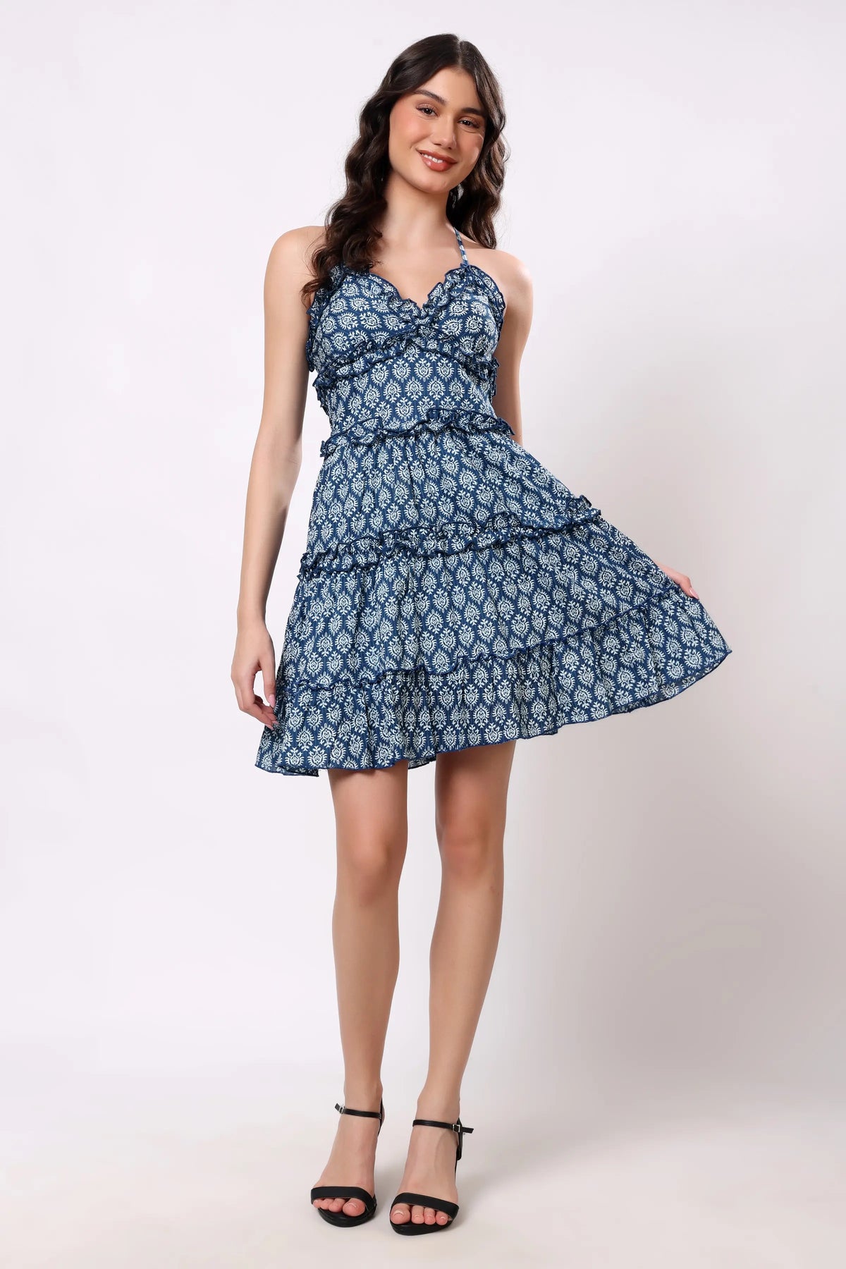 Sajag Neel Indigo Block-Print Ruffle Dress