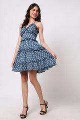 Sajag Neel Indigo Block-Print Ruffle Dress