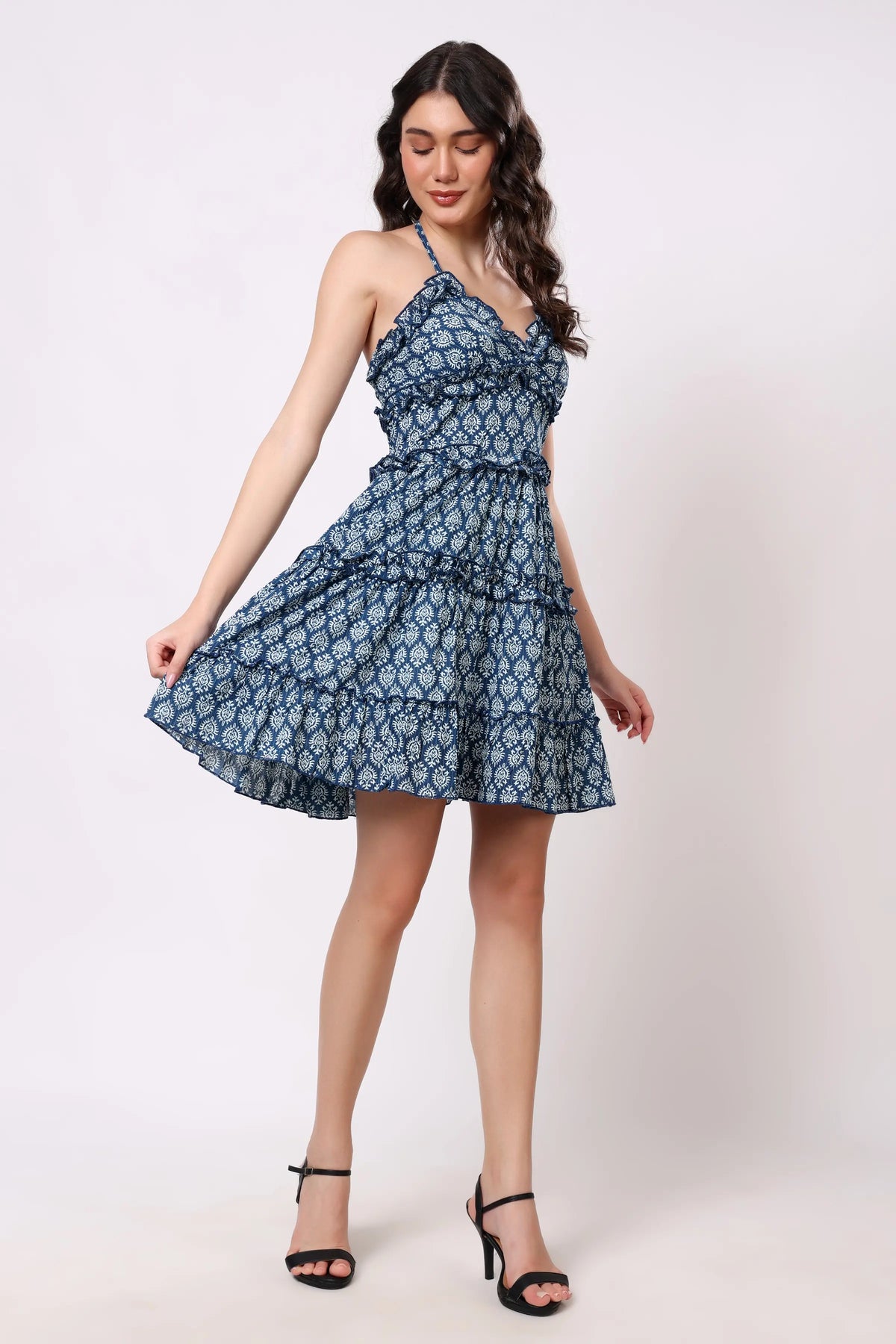 Sajag Neel Indigo Block-Print Ruffle Dress