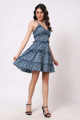 Sajag Neel Indigo Block-Print Ruffle Dress