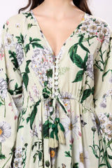 Sajag Off White Leaf-Print Cotton Tiered Maxi Dress