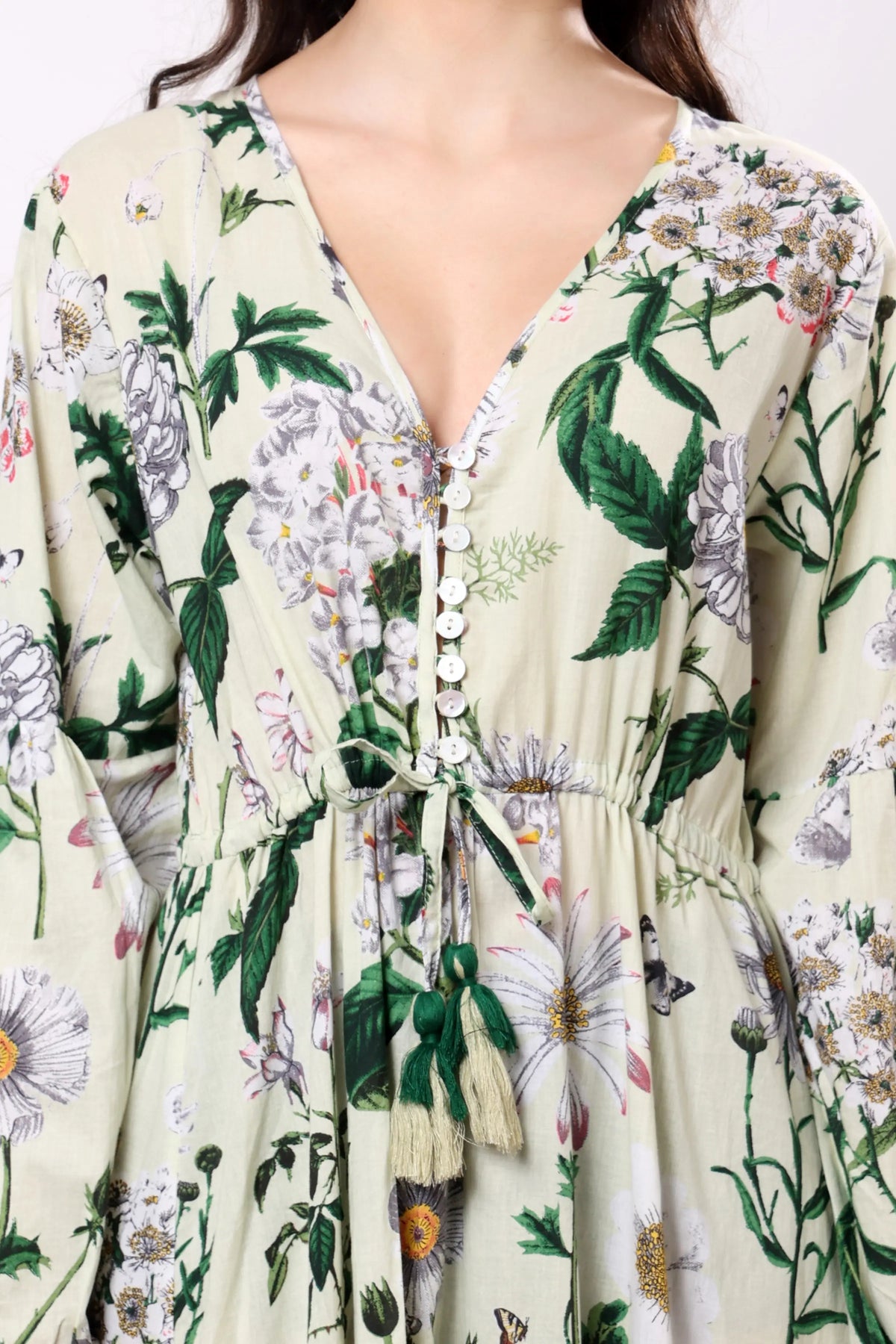 Sajag Off White Leaf-Print Cotton Tiered Maxi Dress
