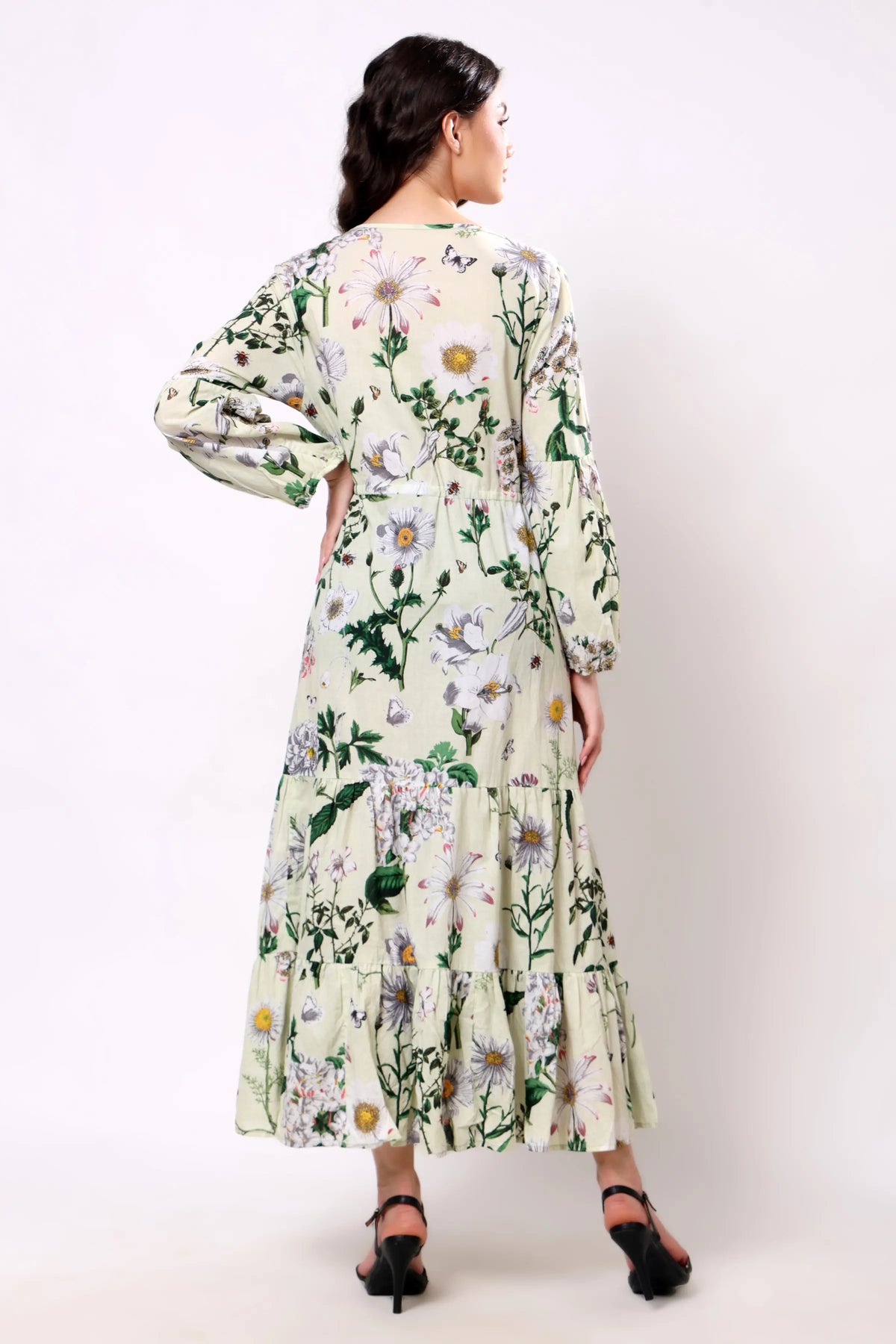Sajag Off White Leaf-Print Cotton Tiered Maxi Dress