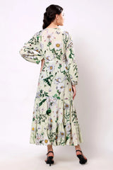 Sajag Off White Leaf-Print Cotton Tiered Maxi Dress