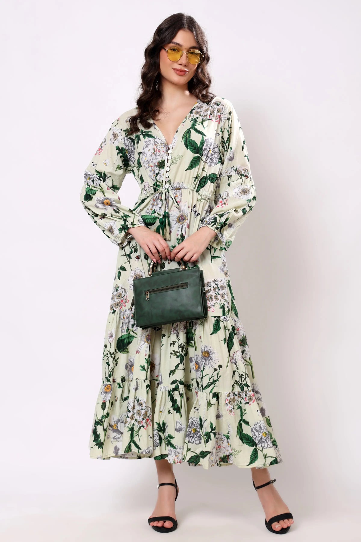 Sajag Off White Leaf-Print Cotton Tiered Maxi Dress