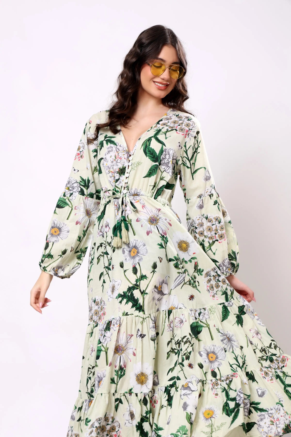 Sajag Off White Leaf-Print Cotton Tiered Maxi Dress