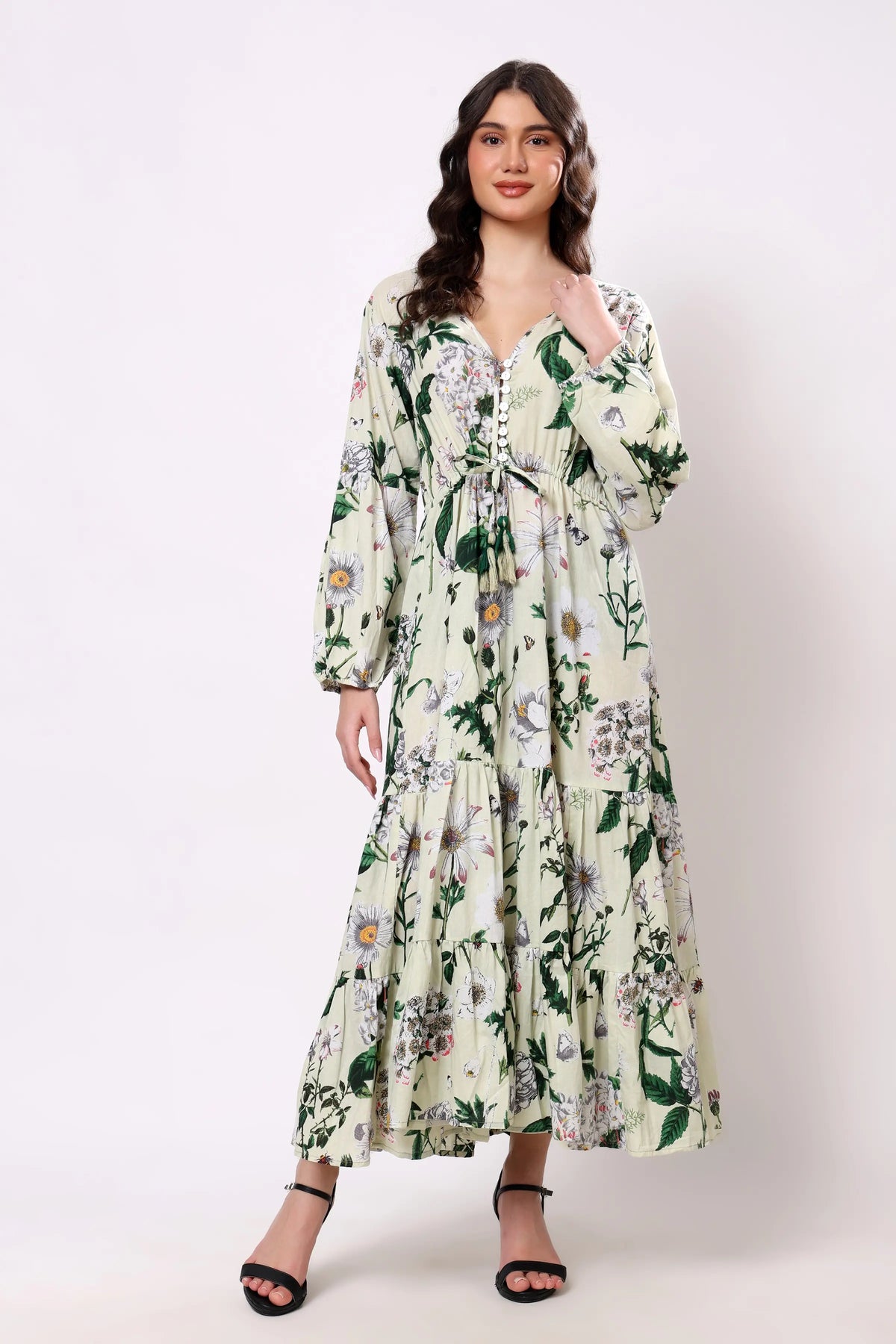 Sajag Off White Leaf-Print Cotton Tiered Maxi Dress