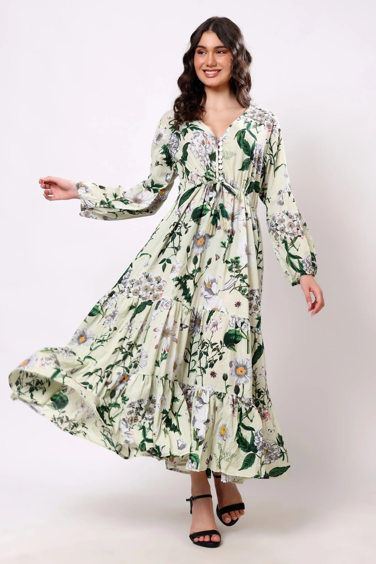 Sajag Off White Leaf-Print Cotton Tiered Maxi Dress