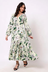 Sajag Off White Leaf-Print Cotton Tiered Maxi Dress