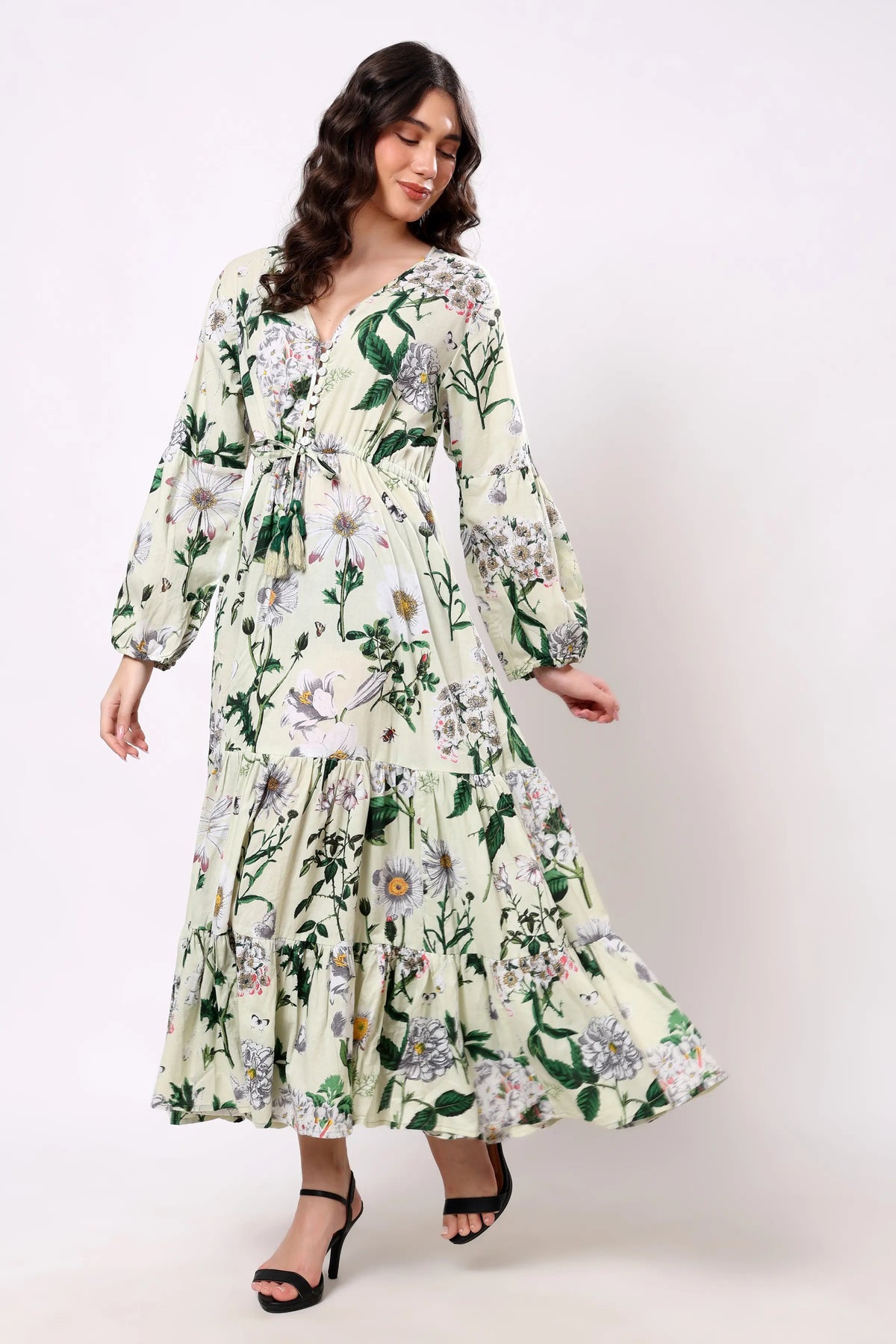 Sajag Off White Leaf-Print Cotton Tiered Maxi Dress