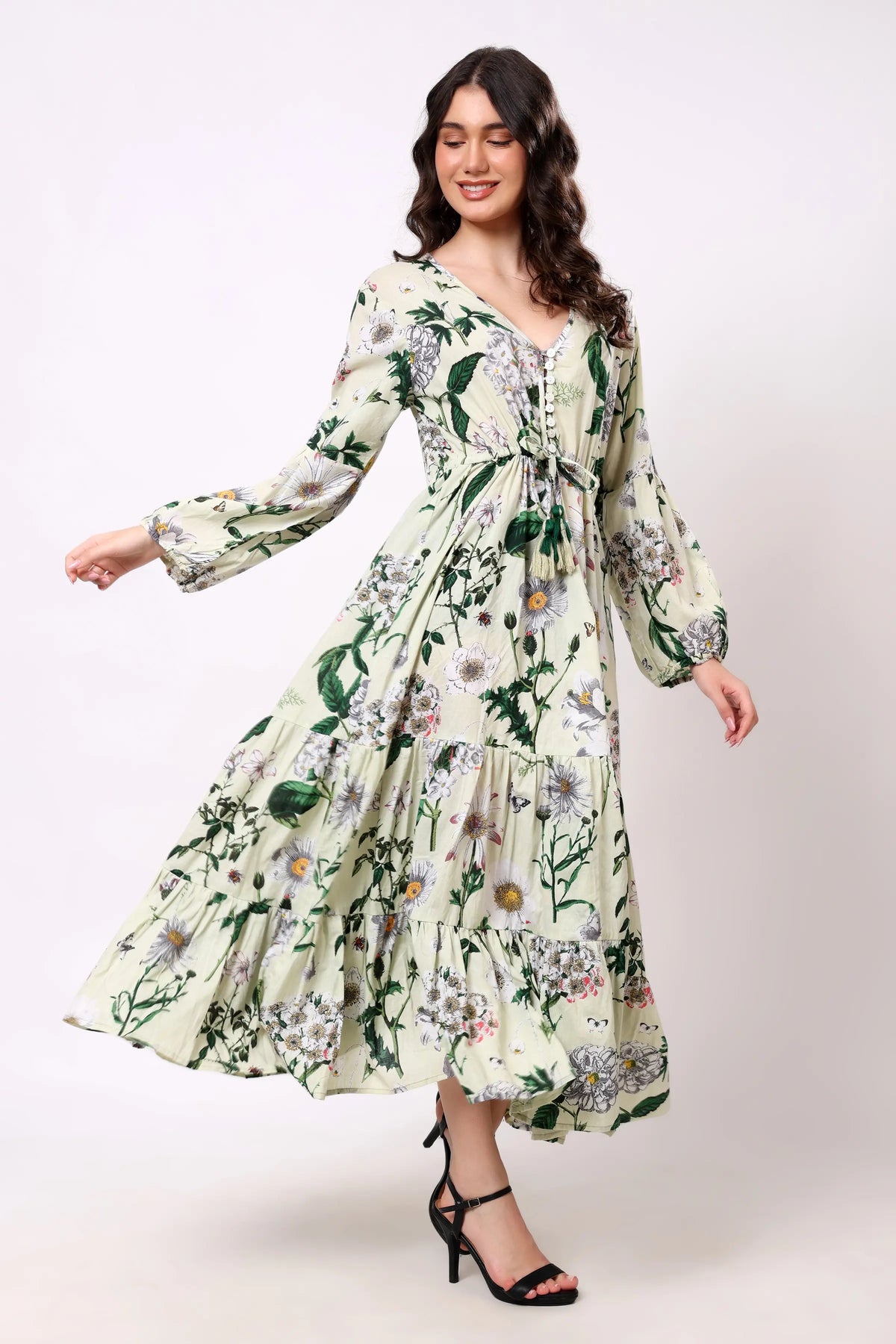 Sajag Off White Leaf-Print Cotton Tiered Maxi Dress
